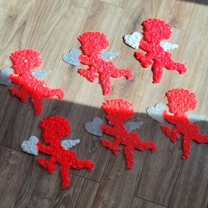 6 Vintage plastic popcorn cupid valentine melted decorations